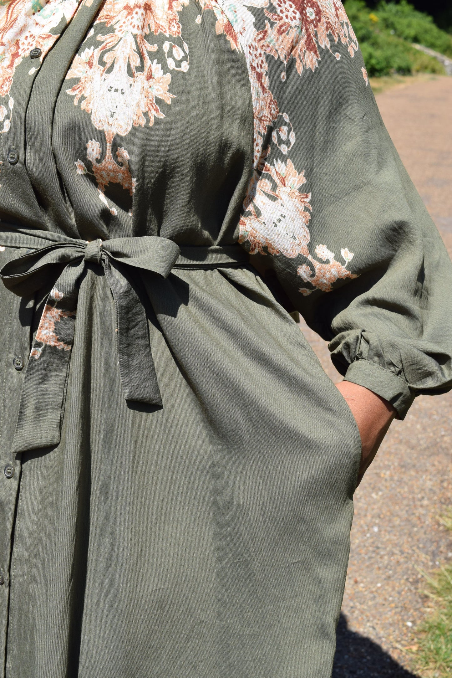 Modest Maxi shirt dress in Linen Olive Green florals