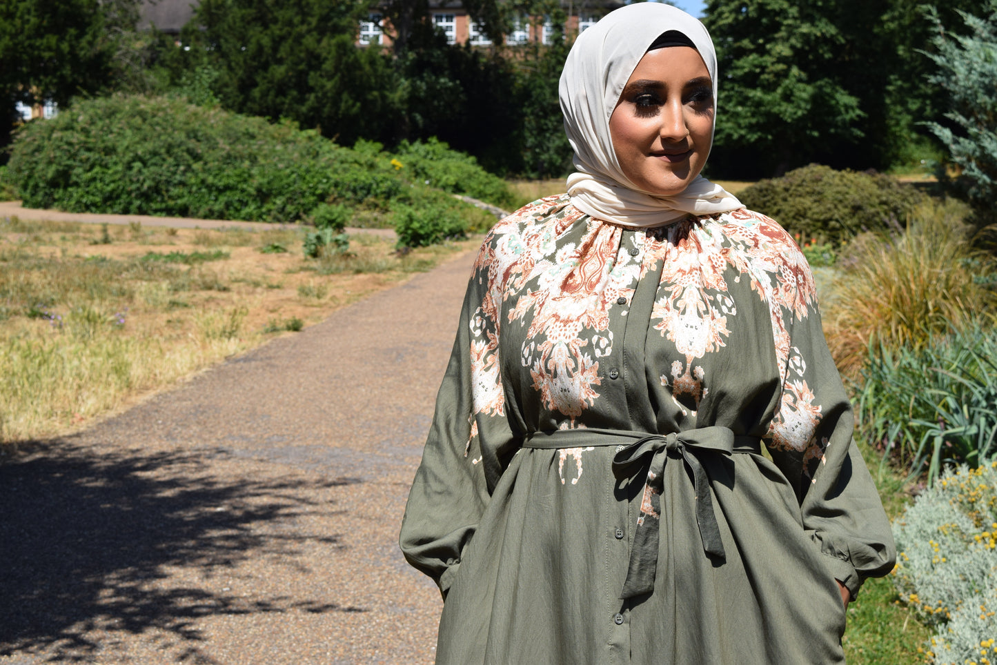 Modest Maxi shirt dress in Linen Olive Green florals