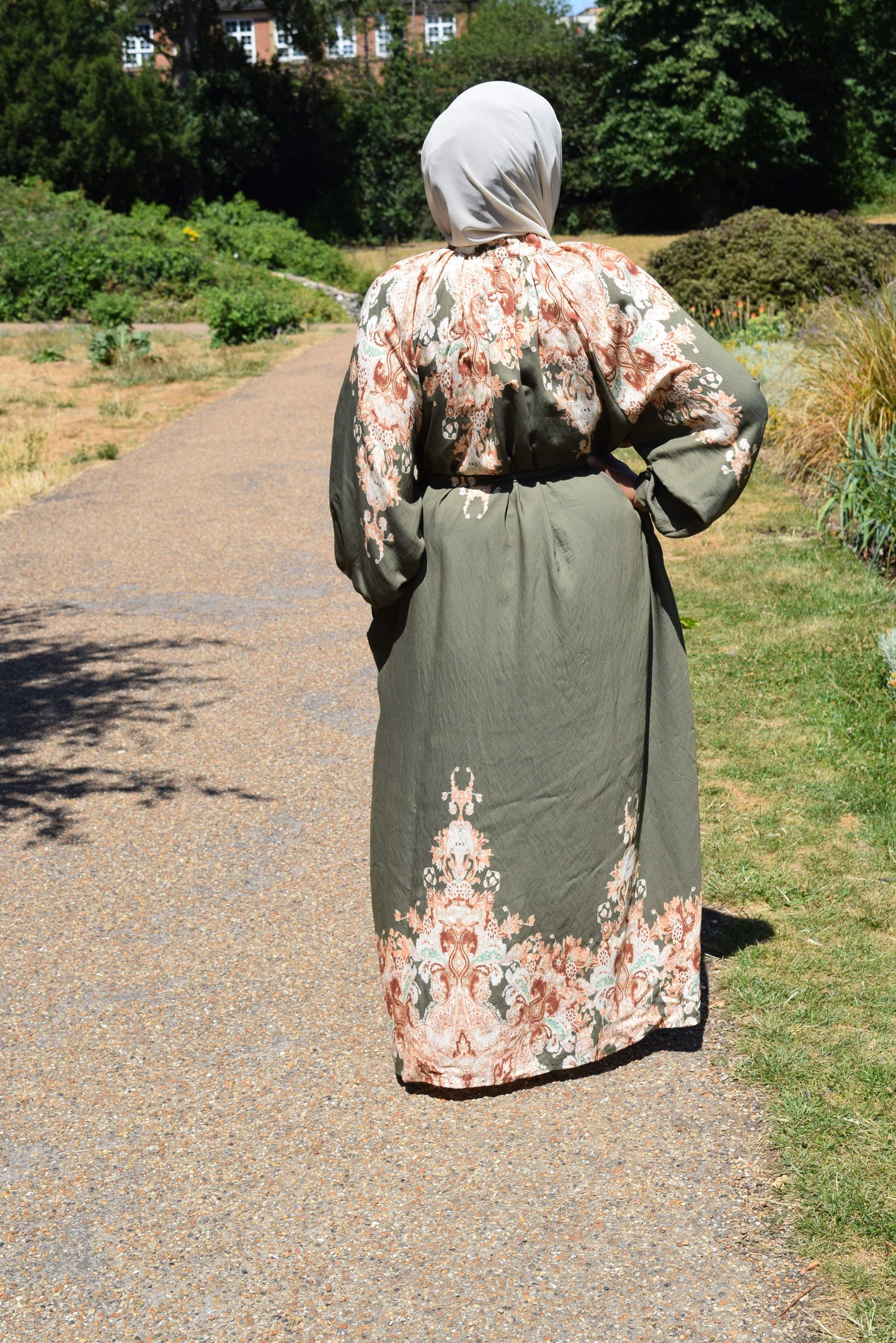 Modest Maxi shirt dress in Linen Olive Green florals