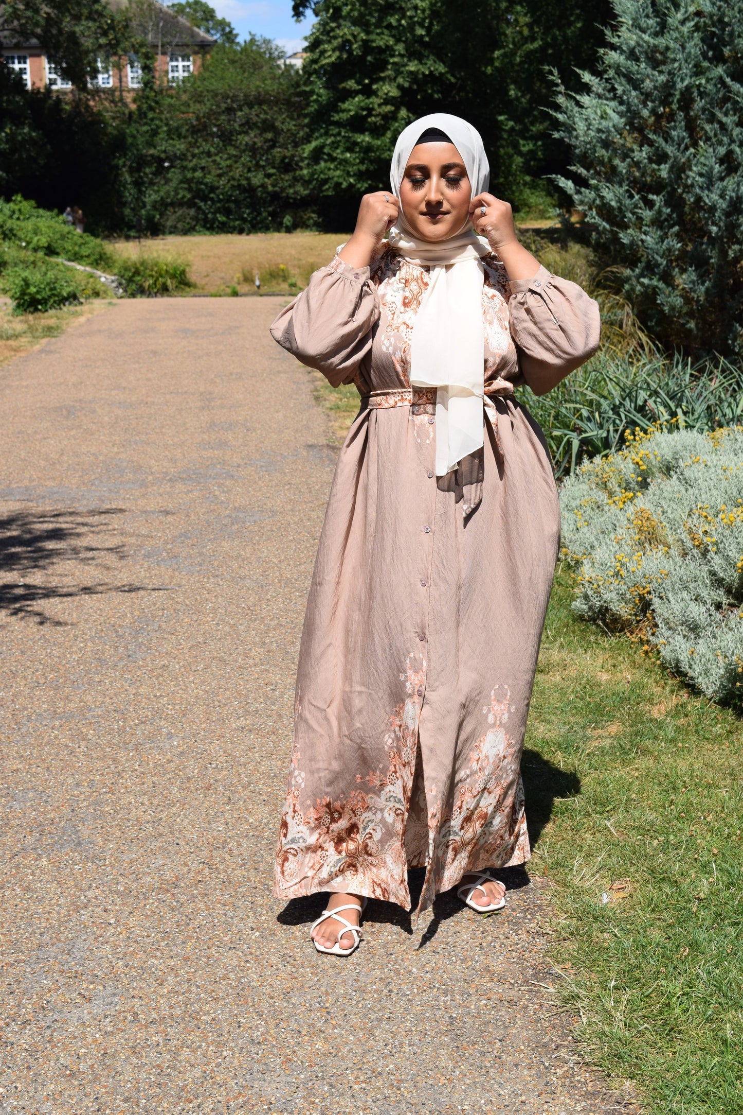 Modest Maxi shirt dress in Linen Latte Beige florals