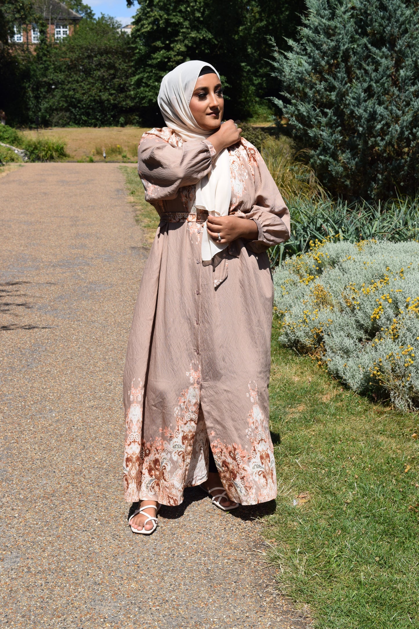 Modest Maxi shirt dress in Linen Latte Beige florals