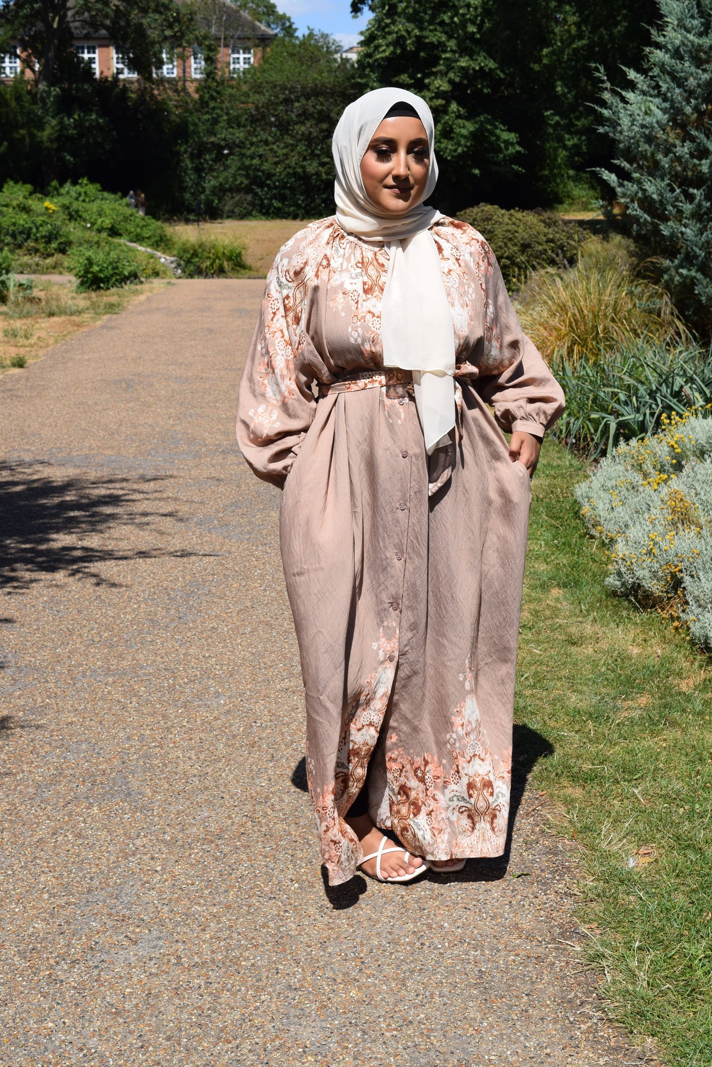 Modest Maxi shirt dress in Linen Latte Beige florals