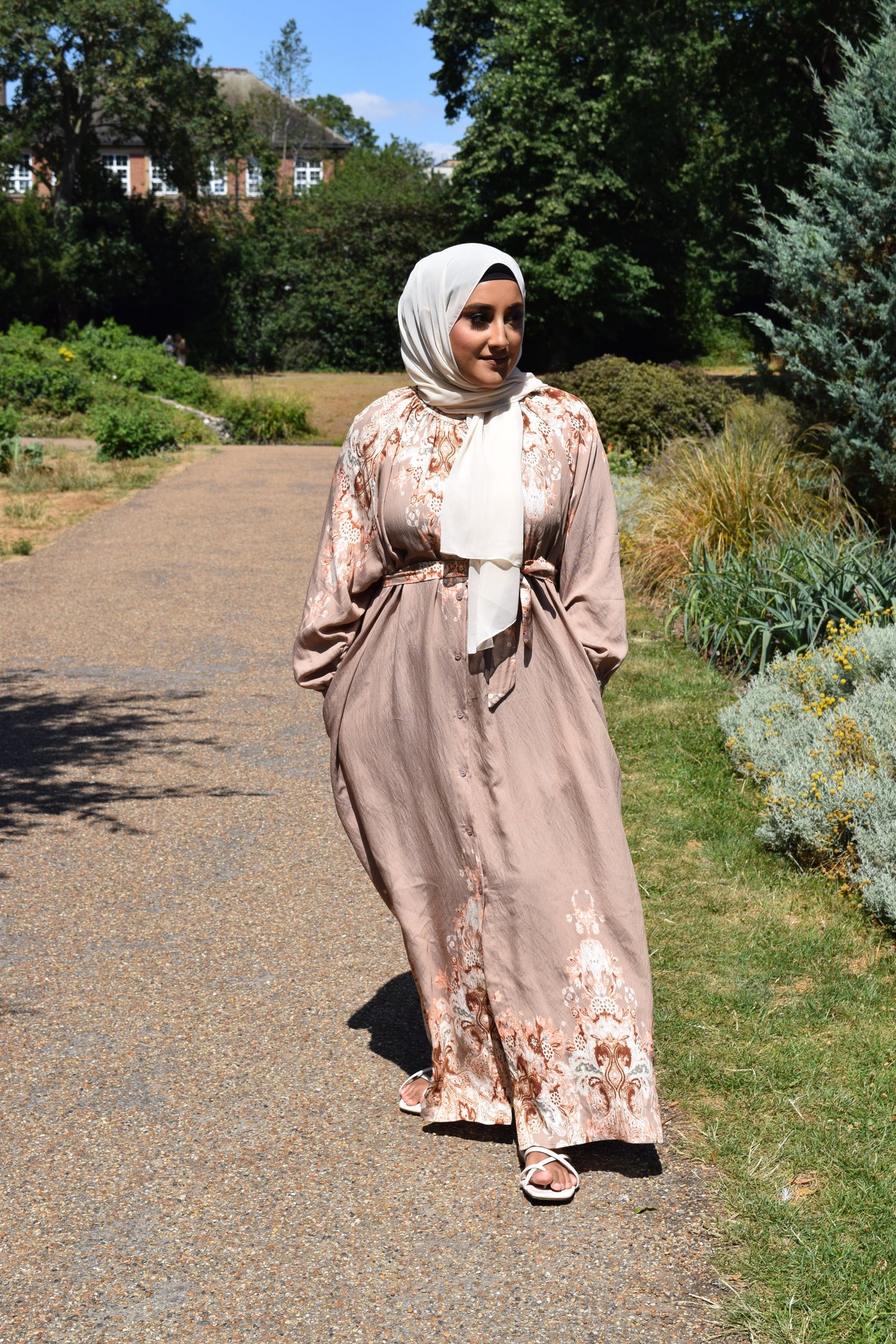 Modest Maxi shirt dress in Linen Latte Beige florals