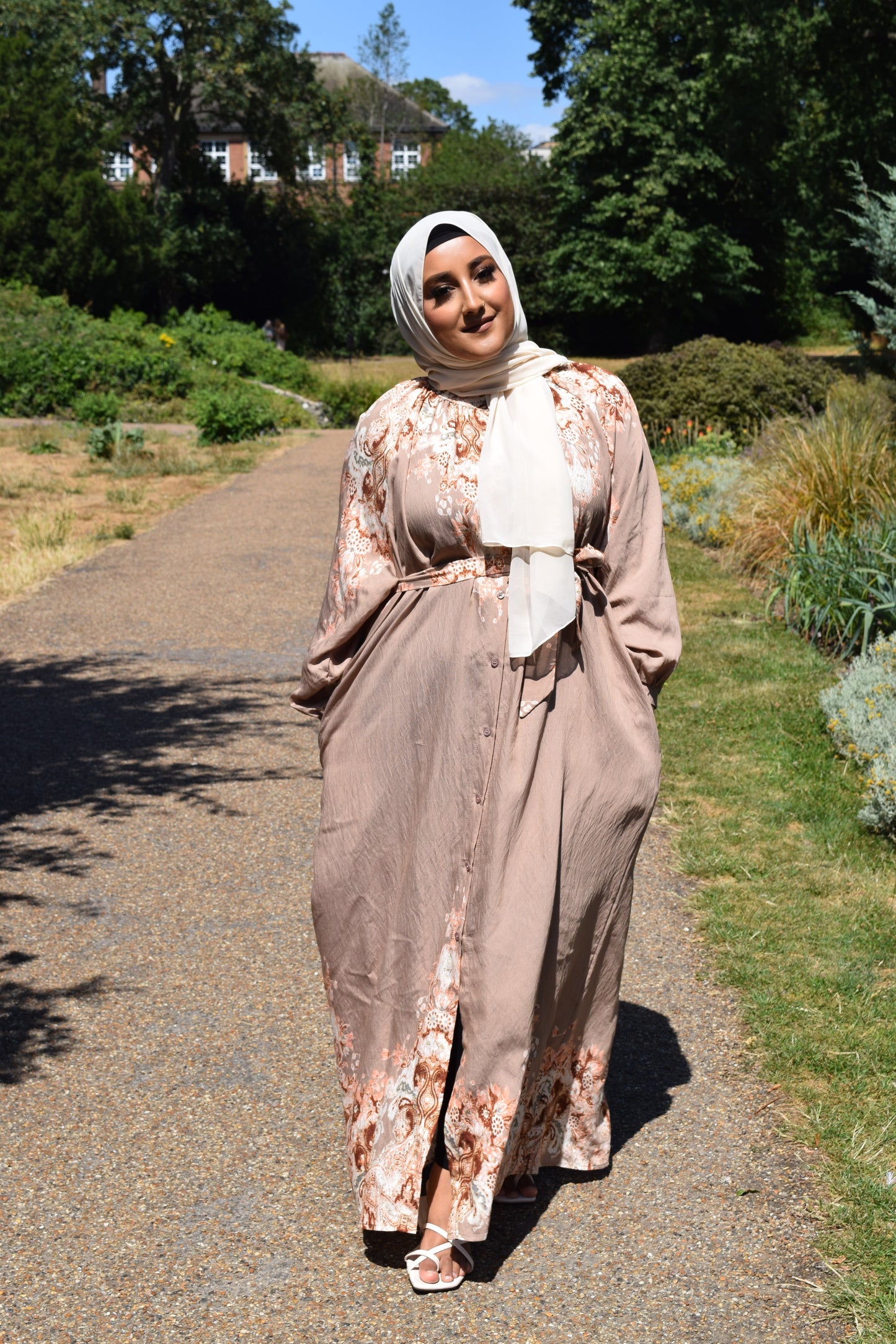 Modest Maxi shirt dress in Linen Latte Beige florals