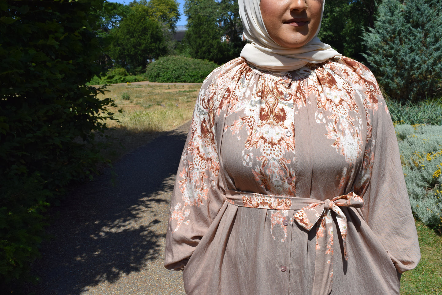 Modest Maxi shirt dress in Linen Latte Beige florals