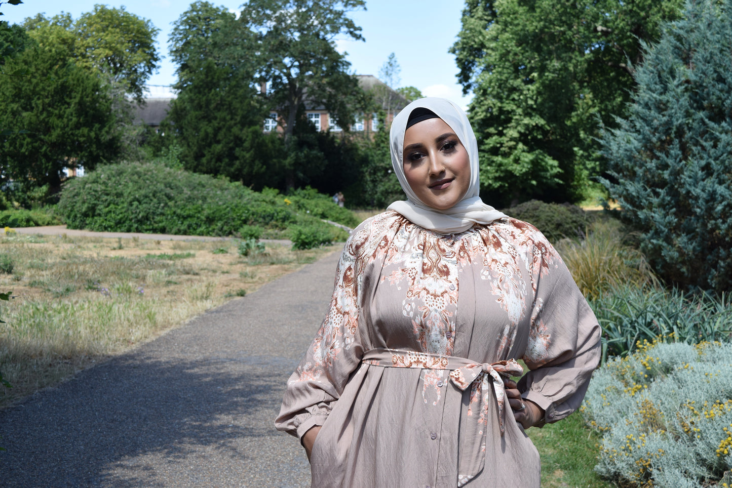 Modest Maxi shirt dress in Linen Latte Beige florals