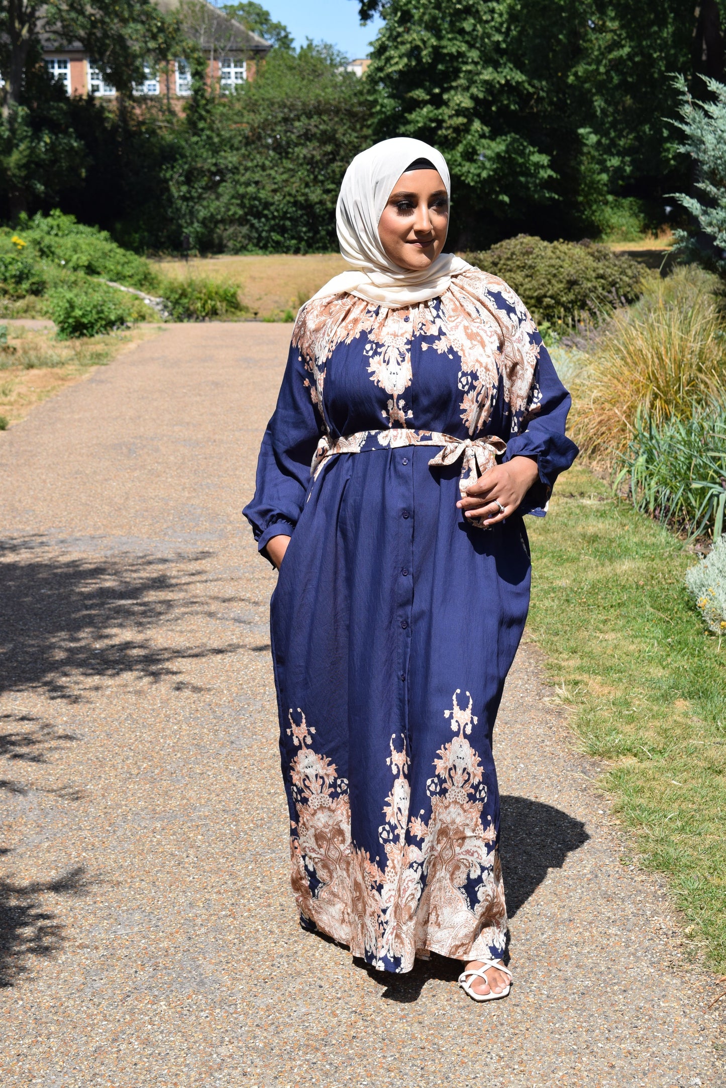 Modest Maxi shirt dress in Linen Royal Blue florals