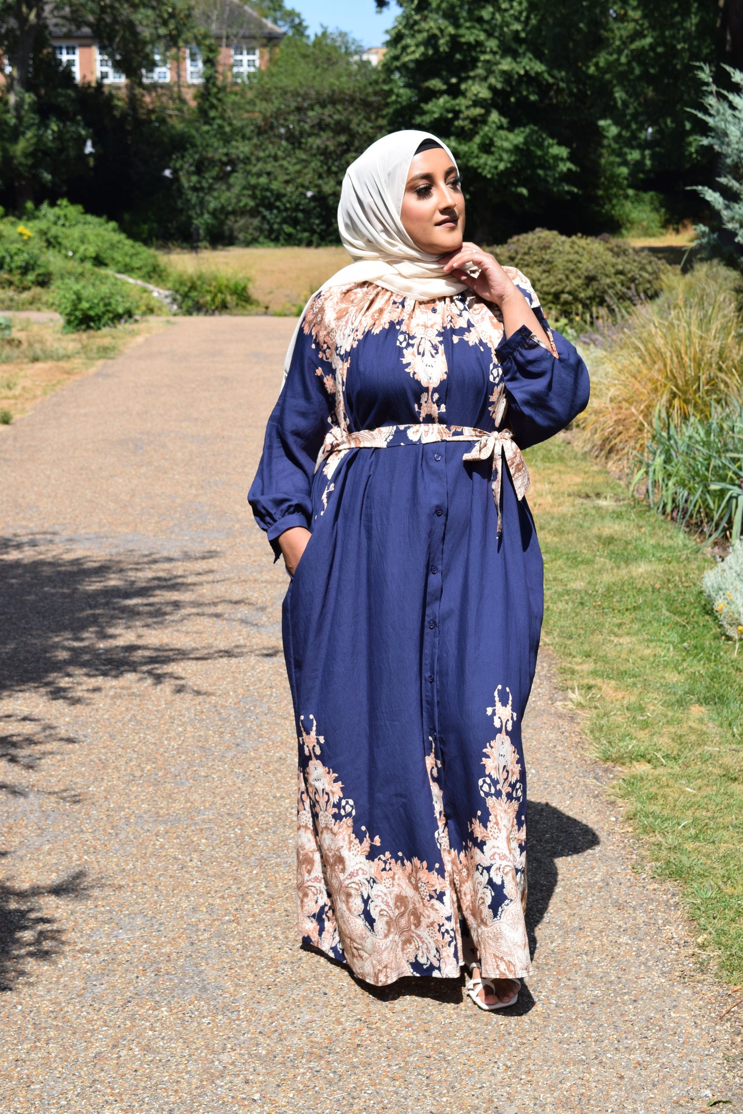 Modest Maxi shirt dress in Linen Royal Blue florals