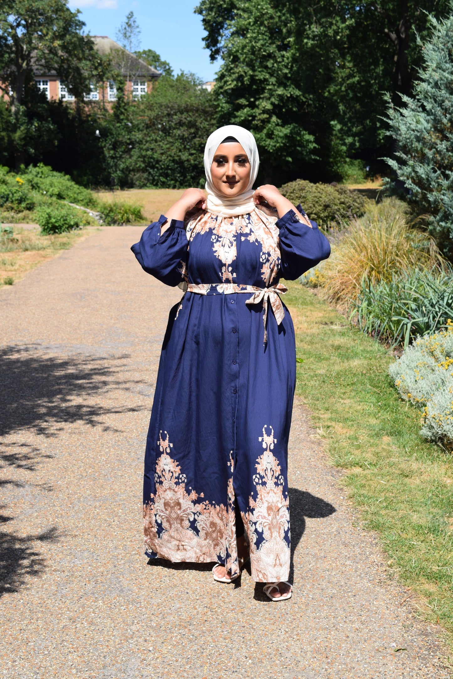 Modest Maxi shirt dress in Linen Royal Blue florals