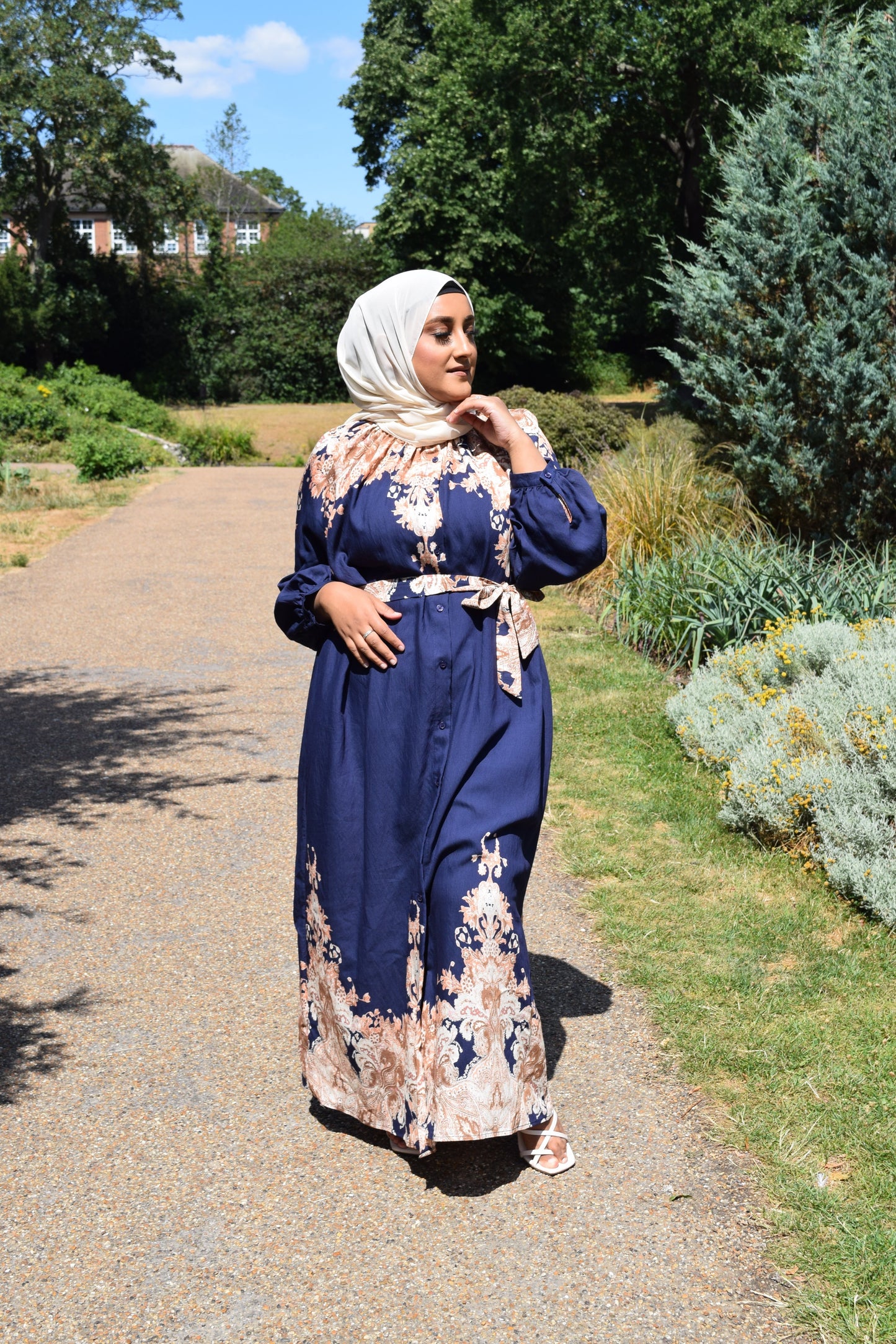 Modest Maxi shirt dress in Linen Royal Blue florals