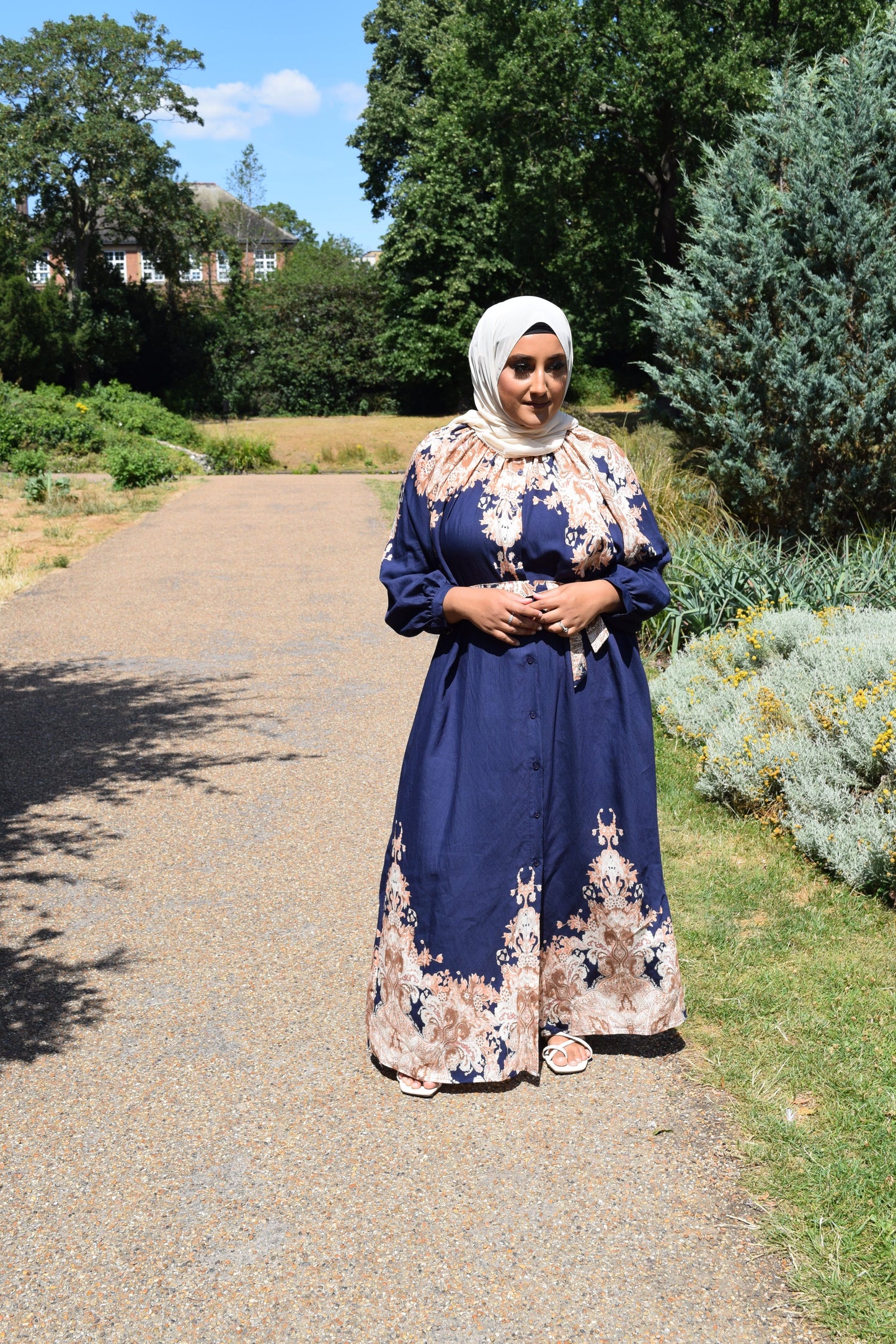 Modest Maxi shirt dress in Linen Royal Blue florals