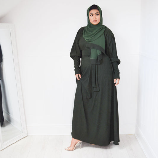 Ava Puff Sleeve textured Abaya in Forest Green