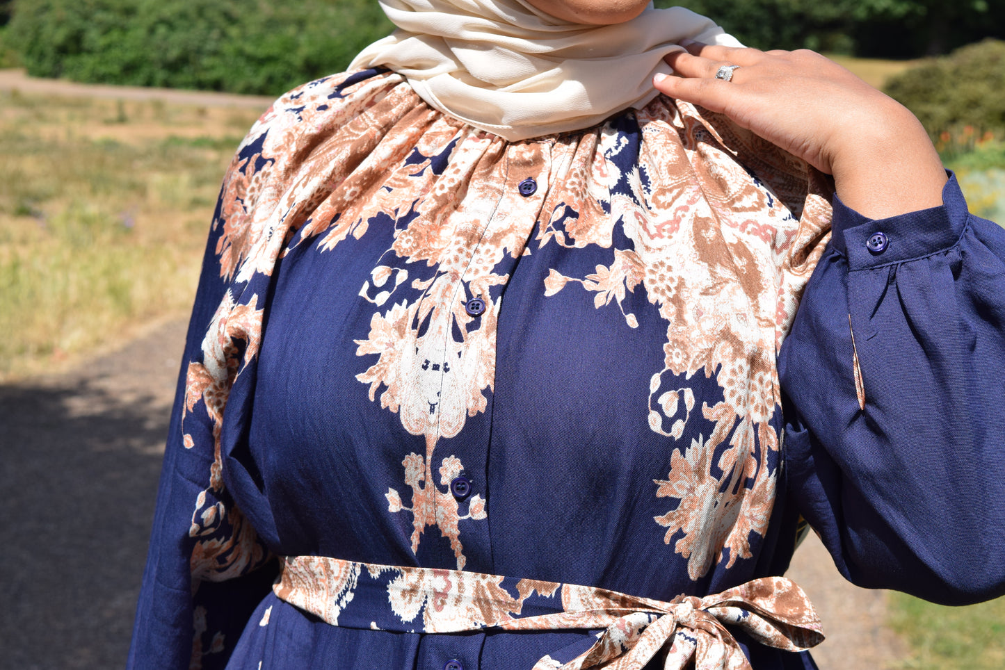 Modest Maxi shirt dress in Linen Royal Blue florals