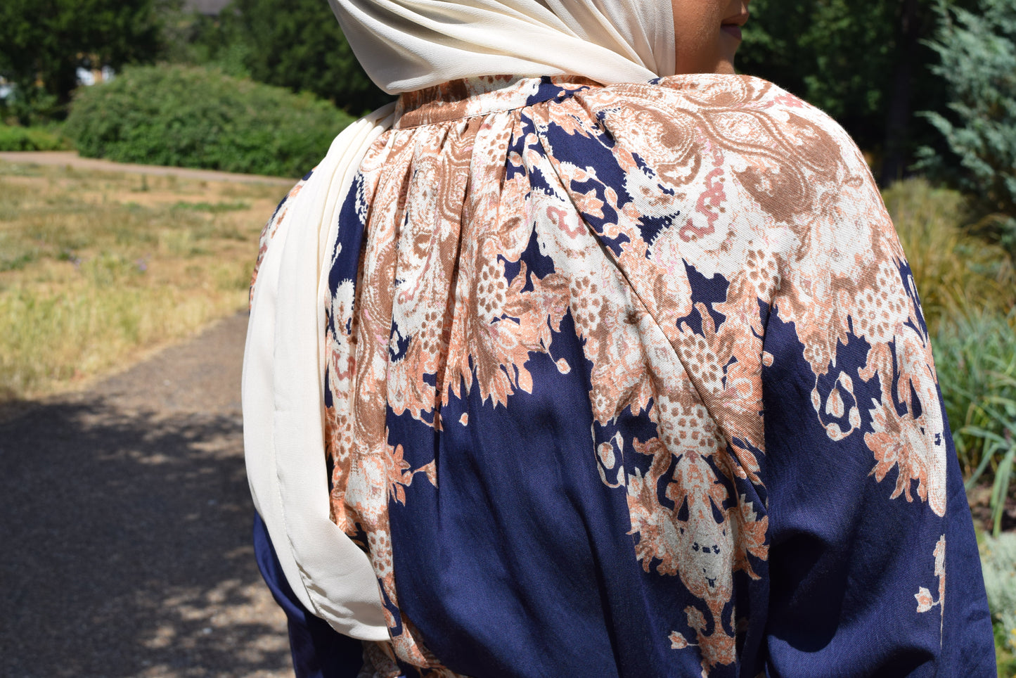 Modest Maxi shirt dress in Linen Royal Blue florals