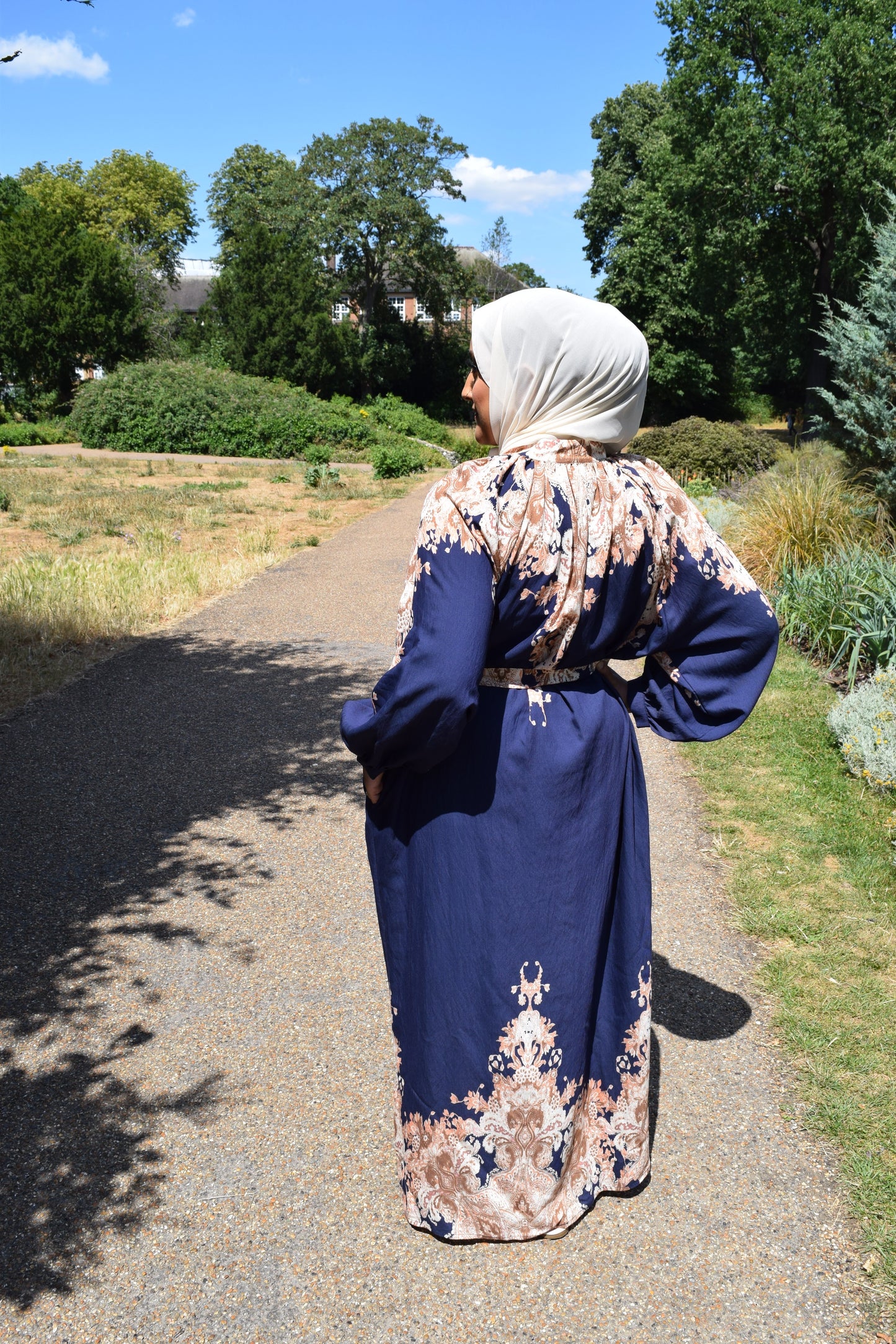 Modest Maxi shirt dress in Linen Royal Blue florals