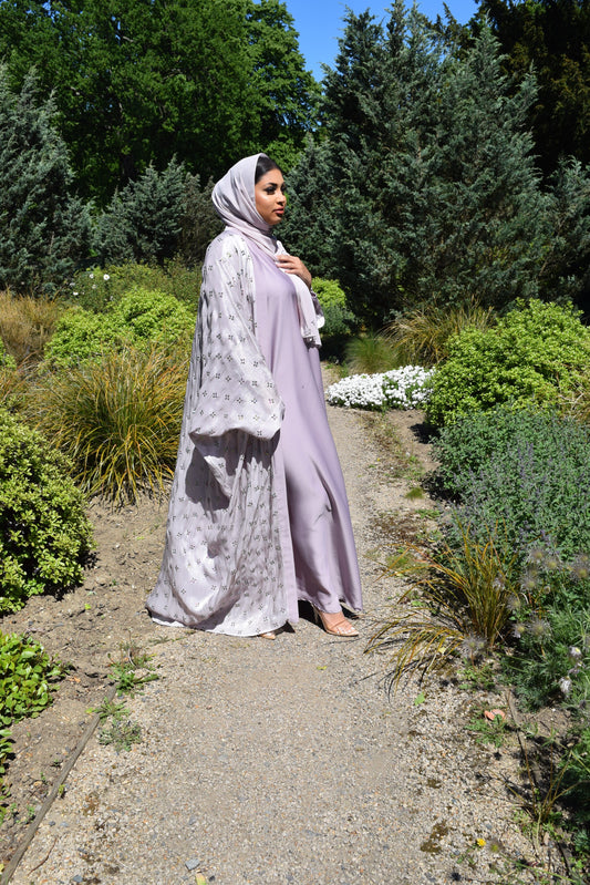 Zayna Stone embellished Organza Farasha Open Jacket with Inner Abaya Dove Grey