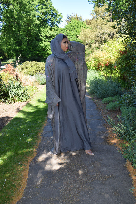 Zayna Stone embellished Organza Farasha Open Jacket with Inner Abaya Khaki Grey