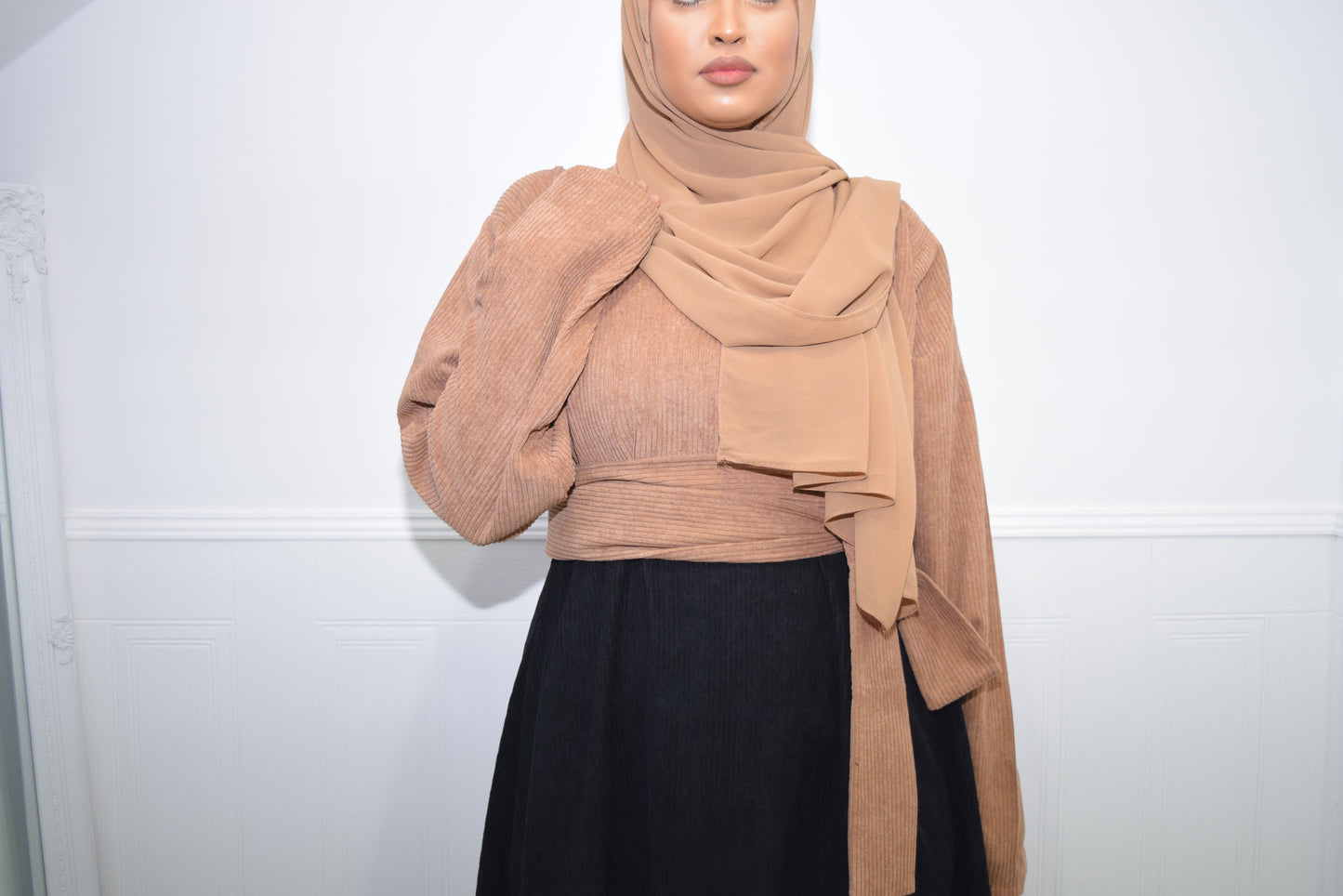 Winter Amal Aline Corduroy Abaya Beige & Black