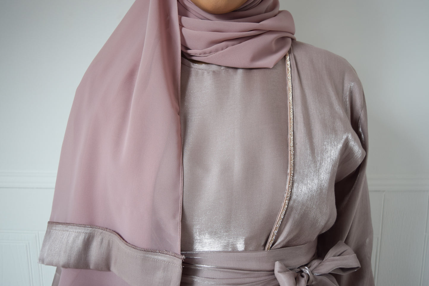 Malak Twin abaya set in shimmer Pink and Silver trim