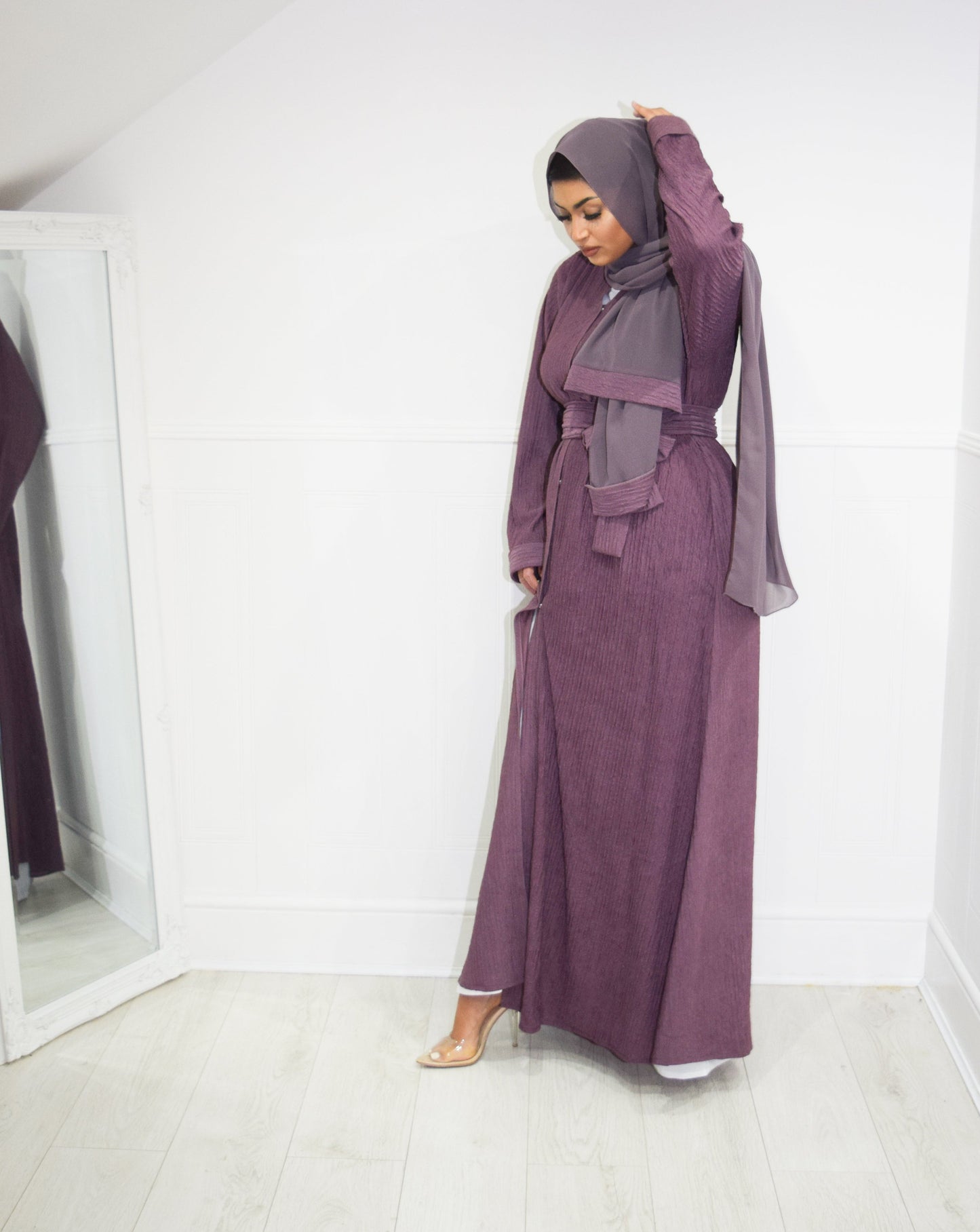 Zaiba textured Open A-line Abaya Jacket with pockets in Heather