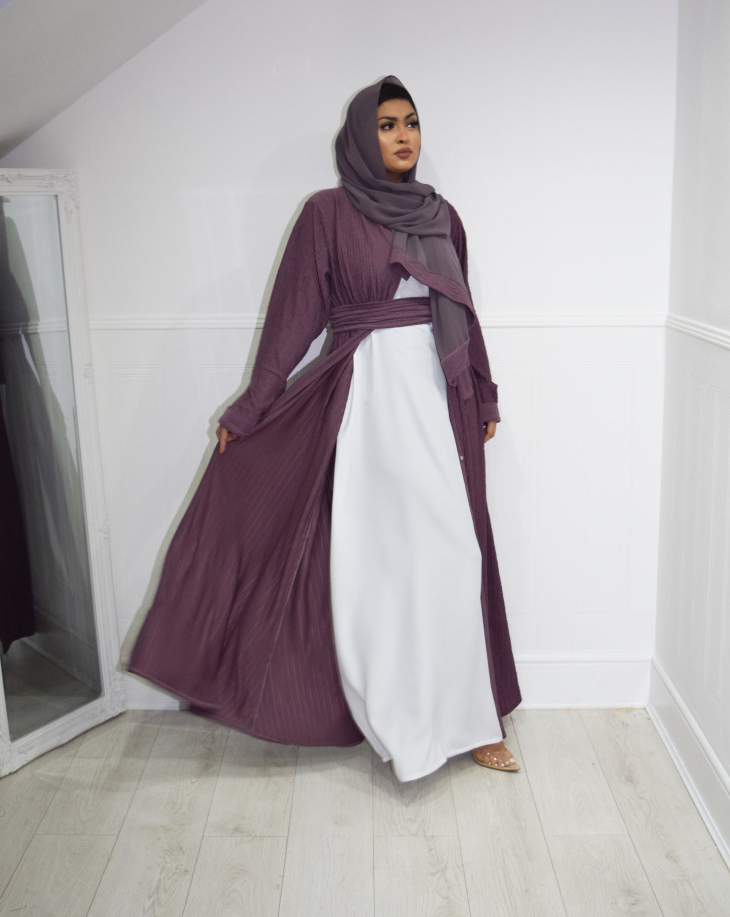 Zaiba textured Open A-line Abaya Jacket with pockets in Heather