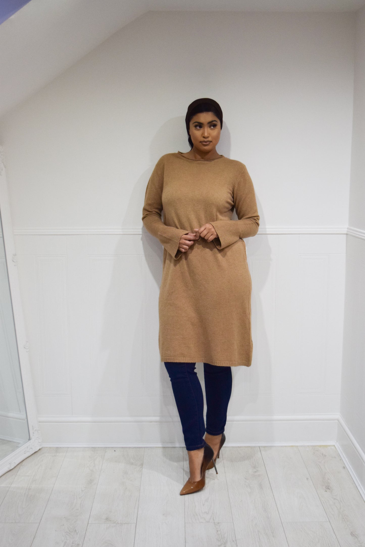 A-Line Buttoned Knit dress Caramel