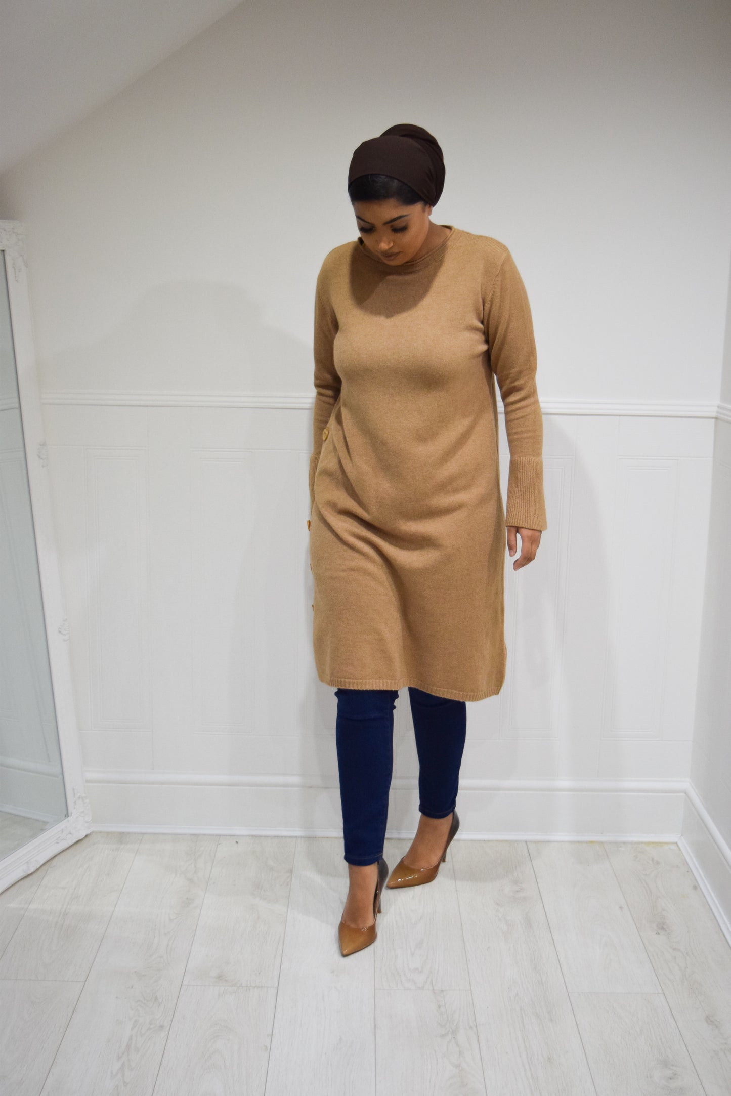 A-Line Buttoned Knit dress Caramel