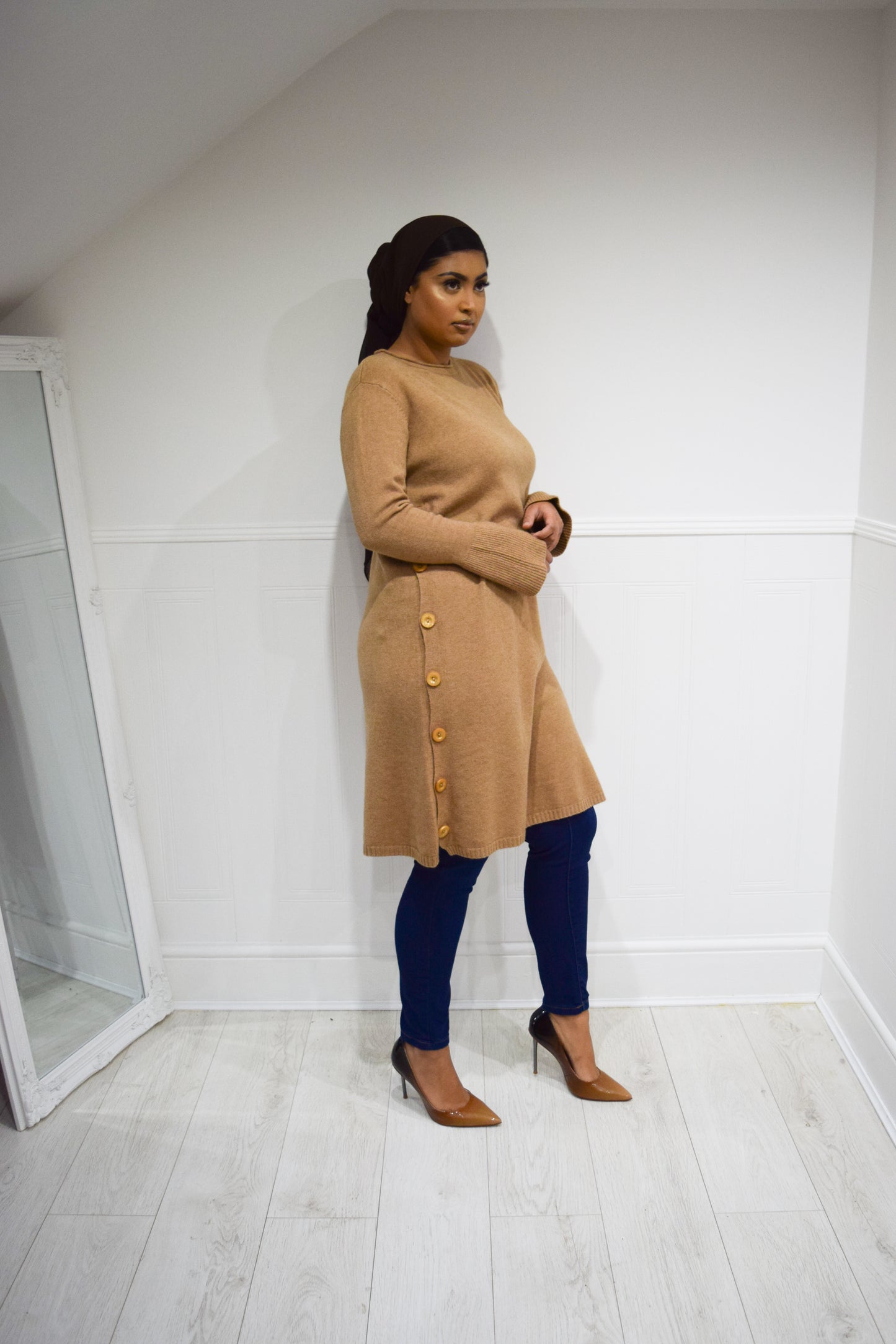 A-Line Buttoned Knit dress Caramel