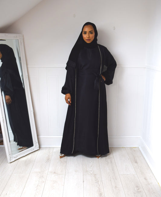 Malak Twin abaya set in shimmer Black and Silver trim