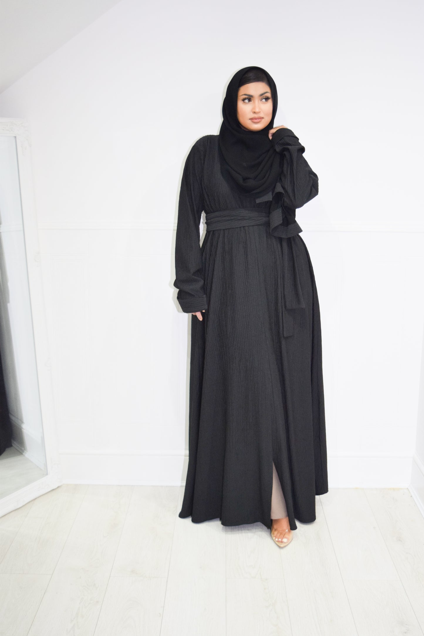 Zaiba textured Open A-line Abaya Jacket with pockets in Black