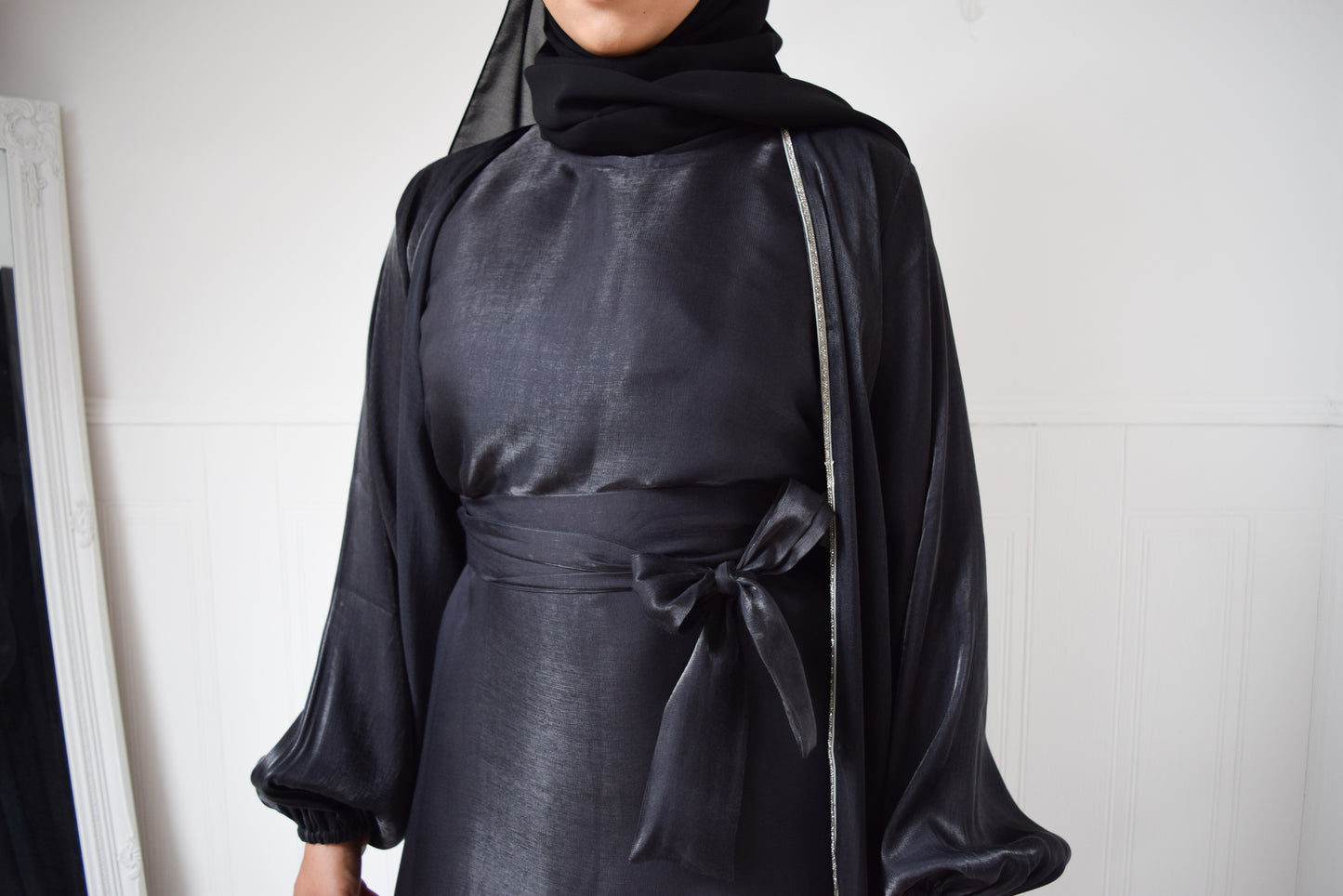 Malak Twin abaya set in shimmer Black and Silver trim