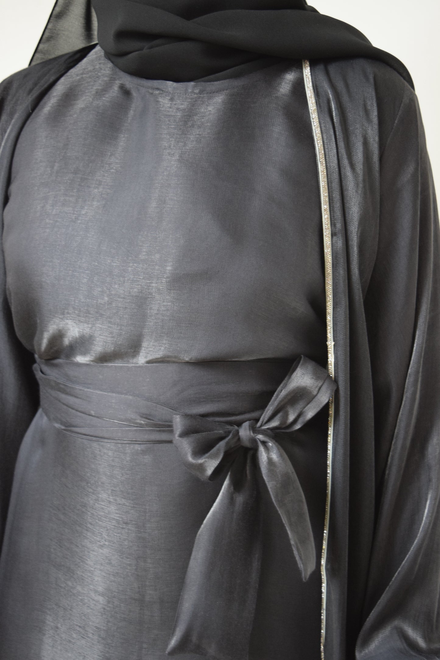 Malak Twin abaya set in shimmer Black and Silver trim