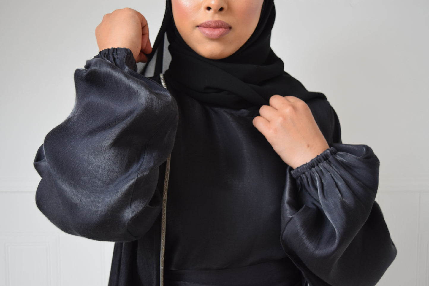 Malak Twin abaya set in shimmer Black and Silver trim