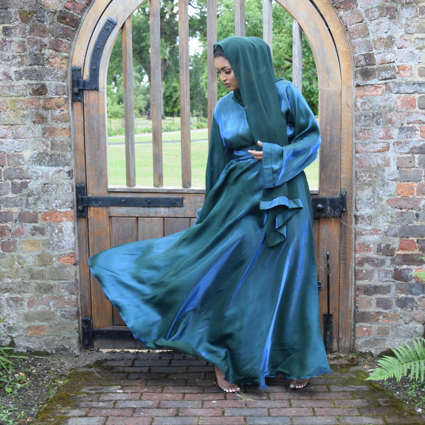 Amalia Wrap Forest Green Shimmer Flare Abaya