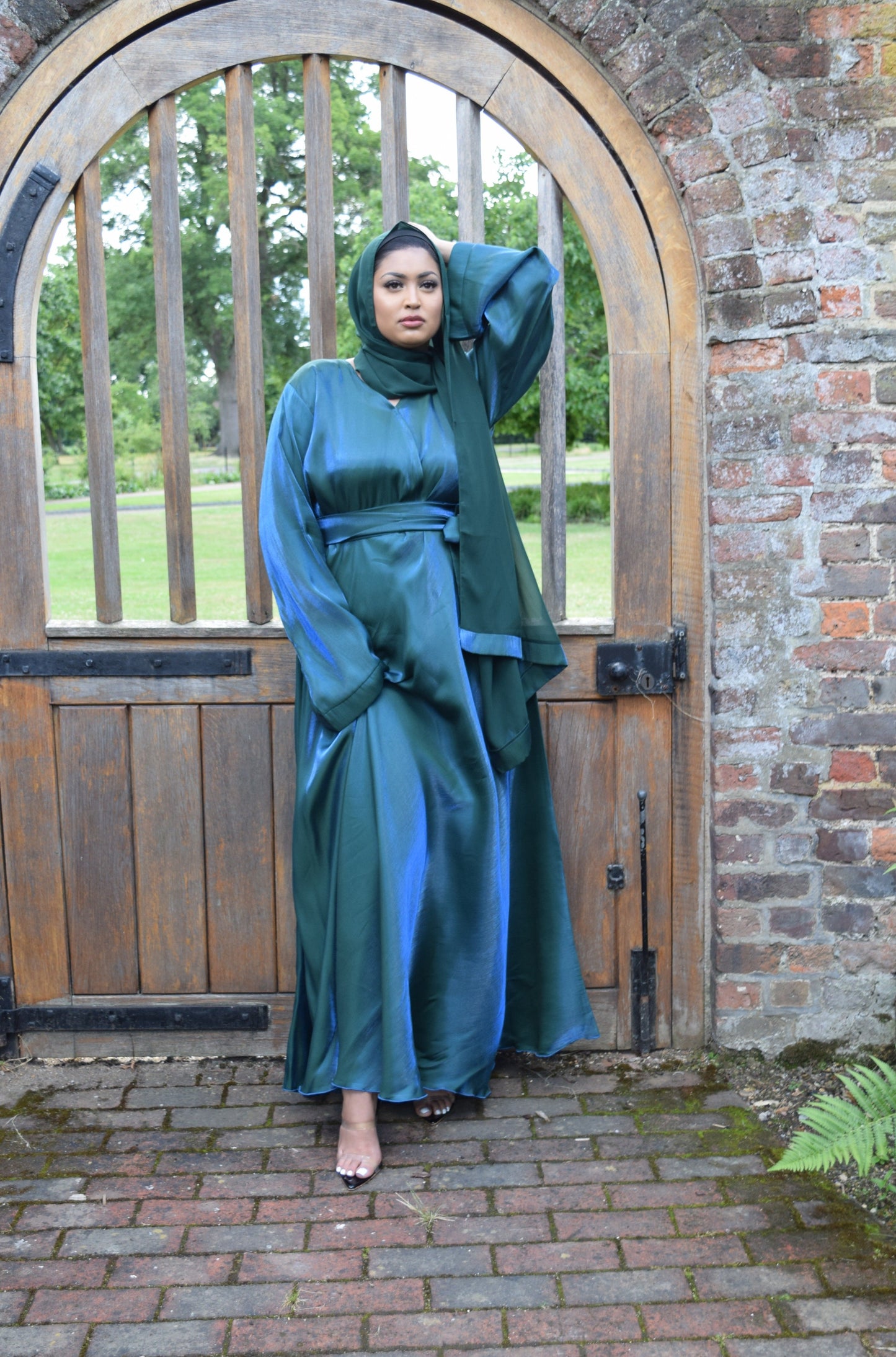 Amalia Wrap Forest Green Shimmer Flare Abaya