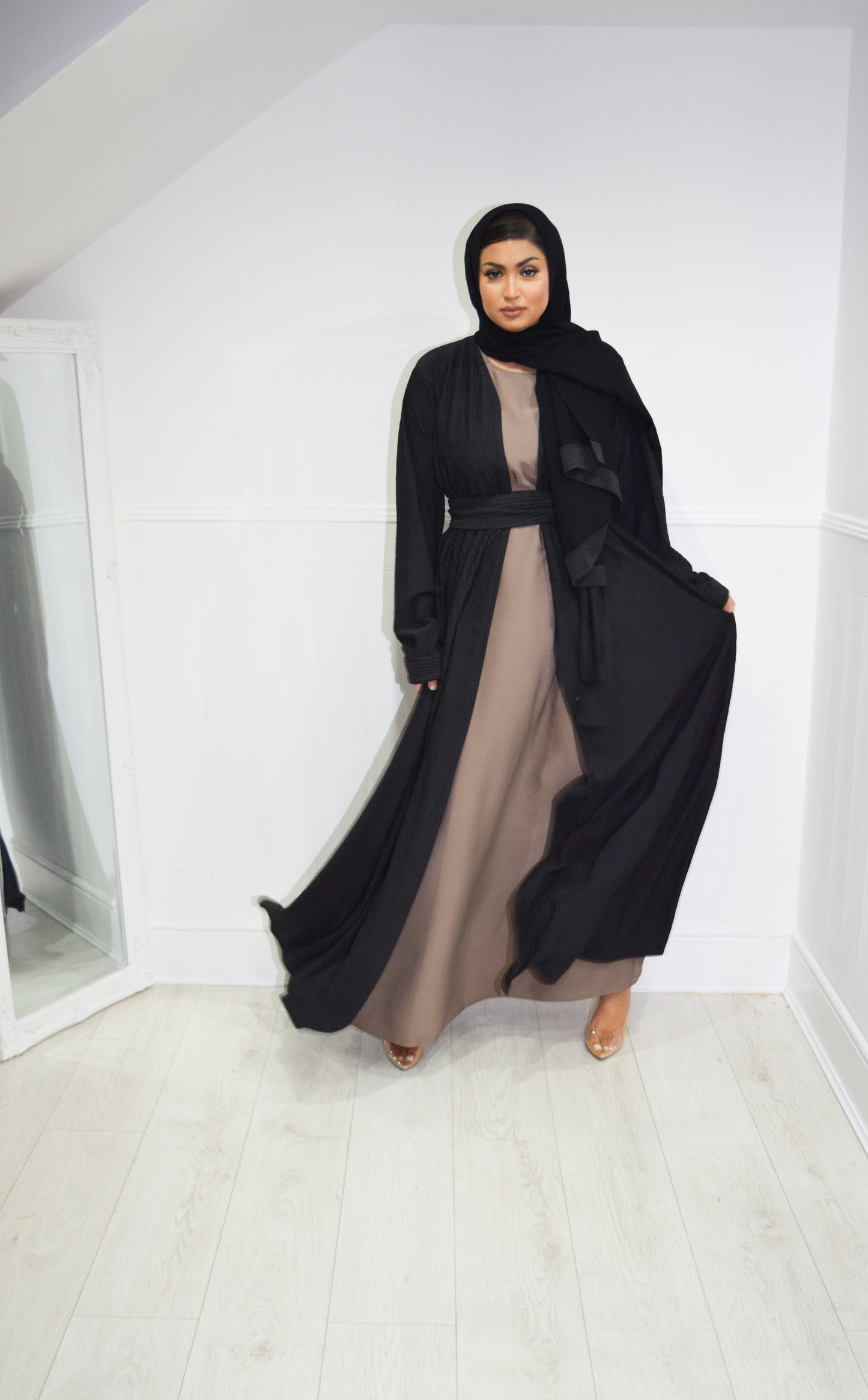 Zaiba textured Open A-line Abaya Jacket with pockets in Black