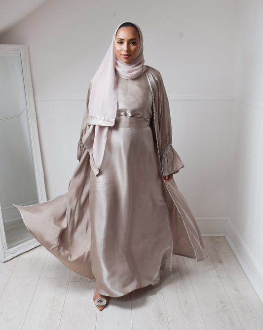 Malak Twin abaya set in Oyster shimmer and pearl trim