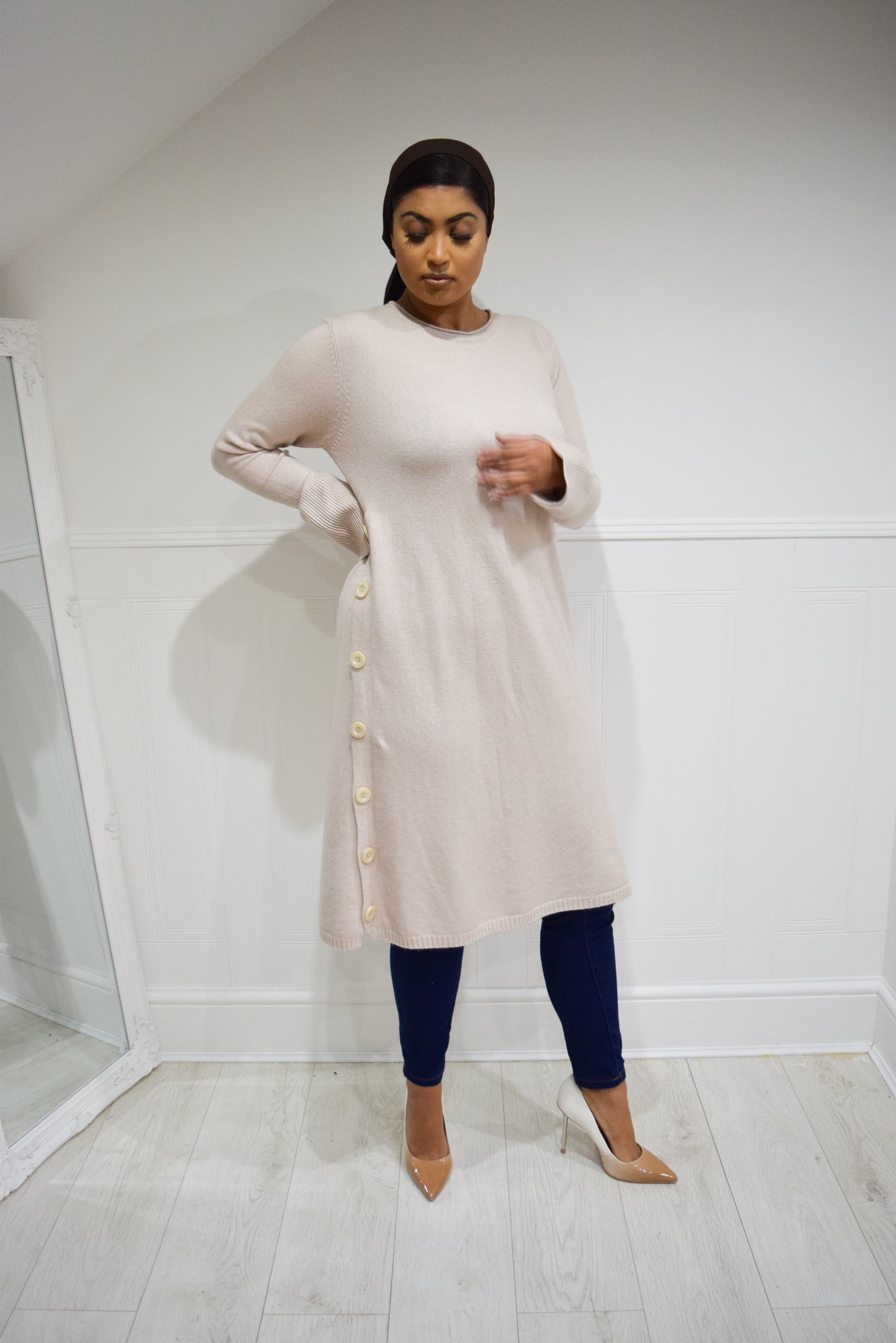 A-Line Buttoned Knit dress Oat