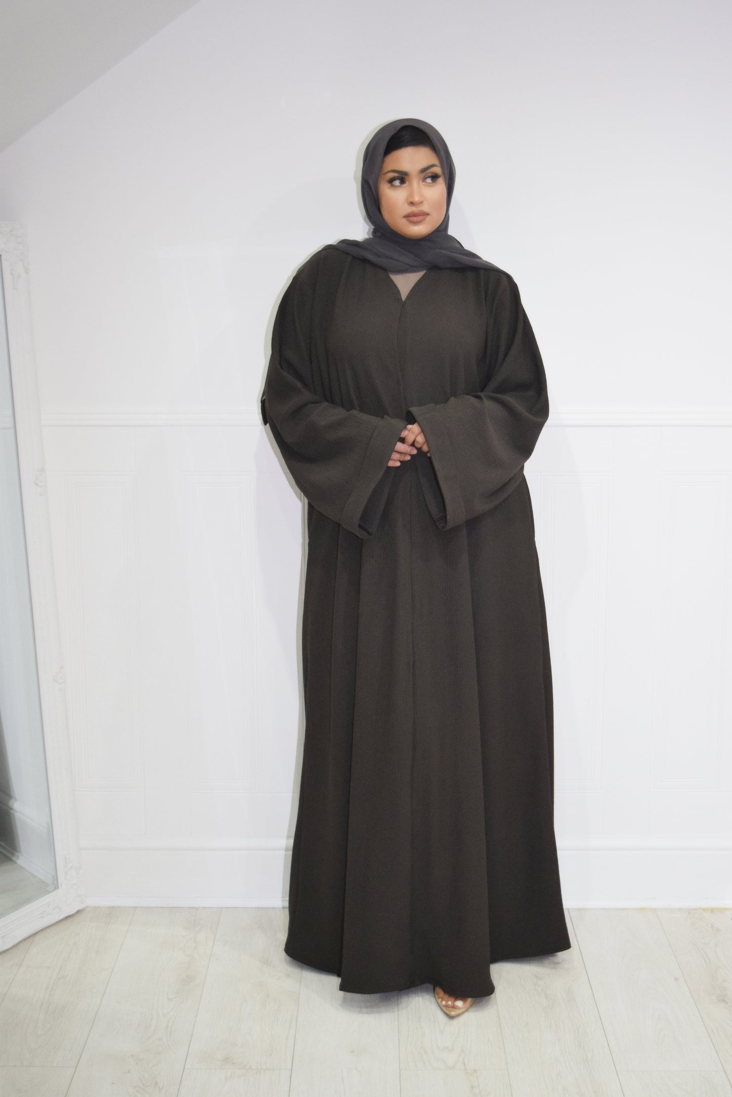 Hannah textured ribbed Open A-line kimono Abaya Jacket with pockets in Espresso