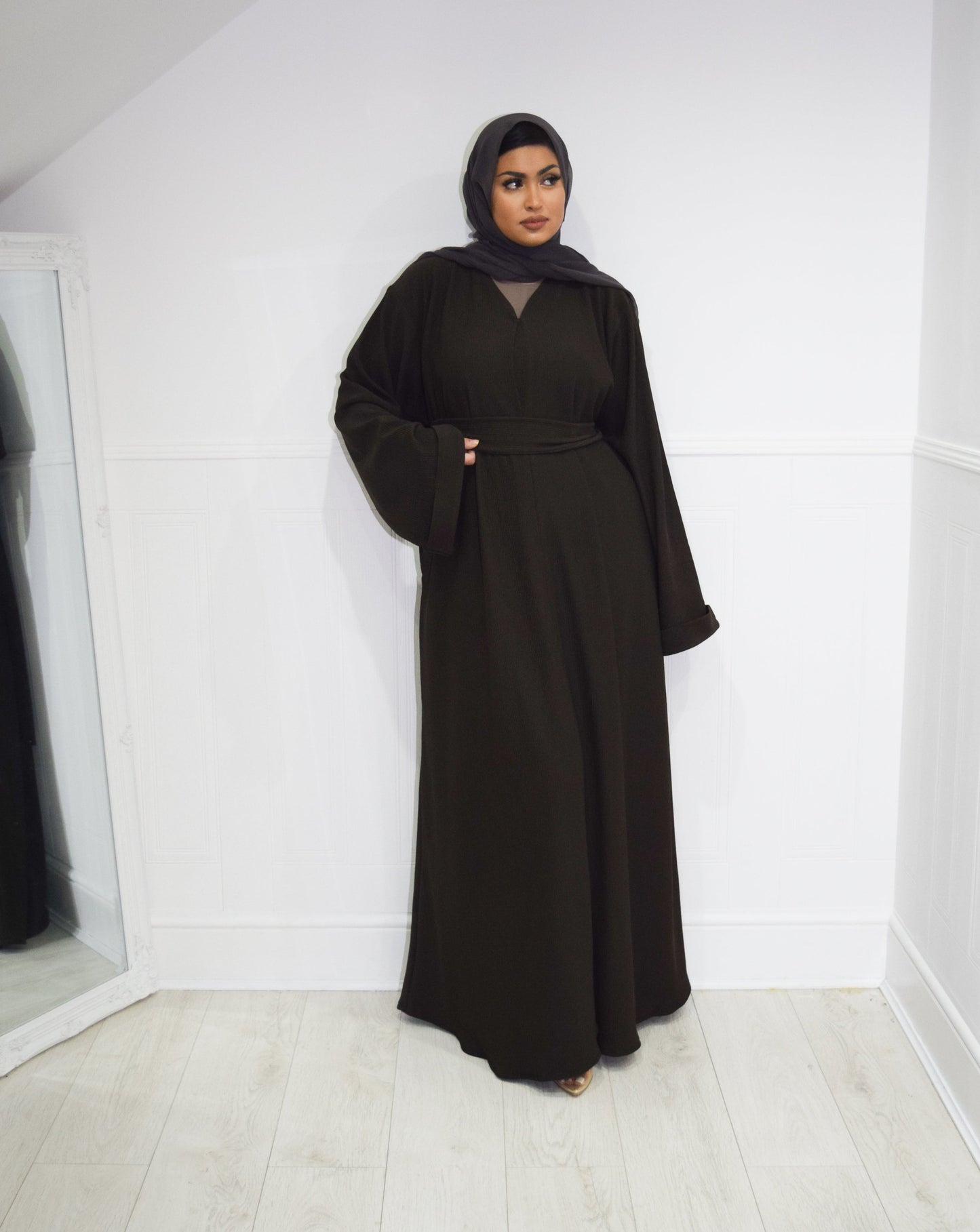 Hannah textured ribbed Open A-line kimono Abaya Jacket with pockets in Espresso