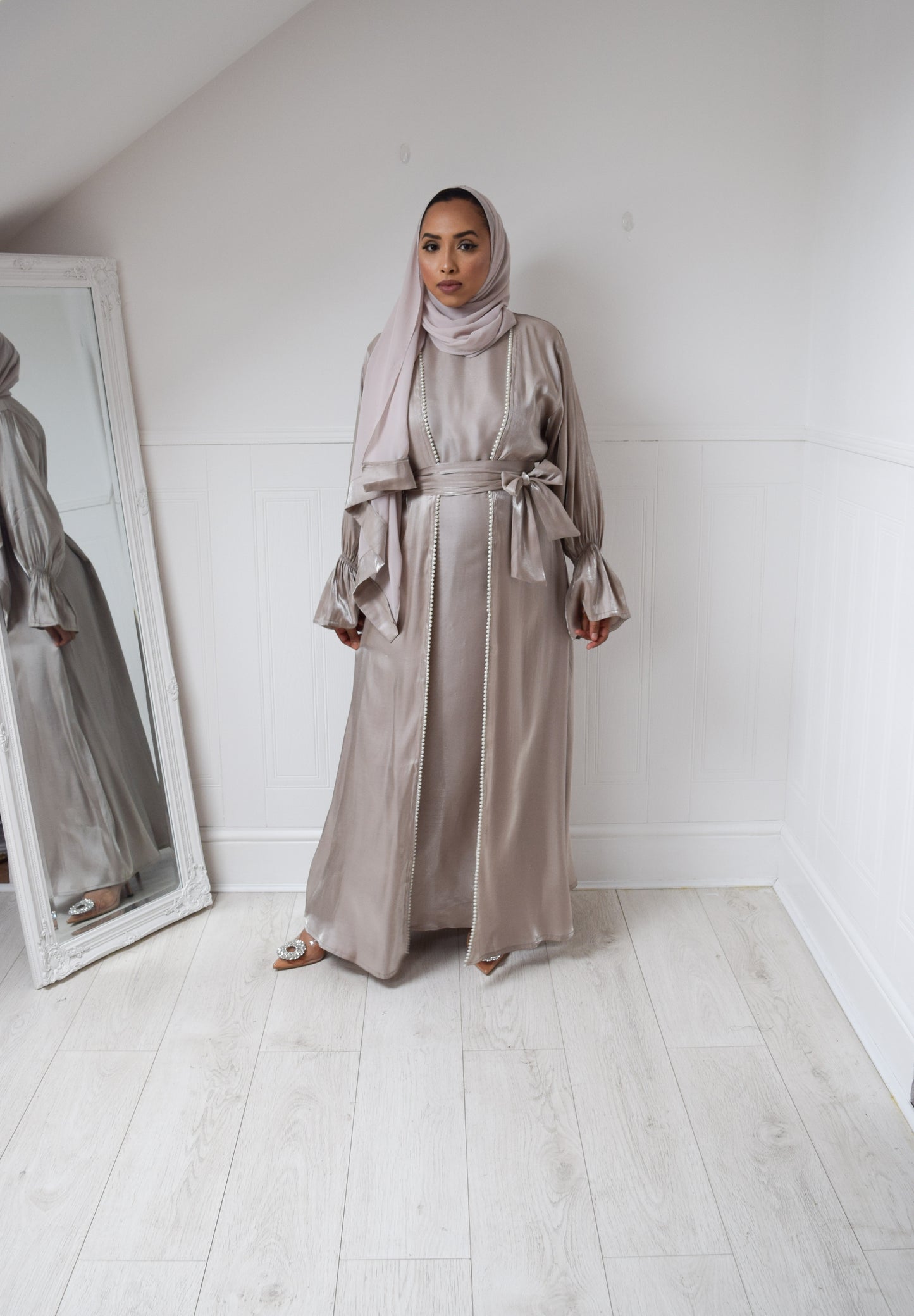Malak Twin abaya set in Oyster shimmer and pearl trim