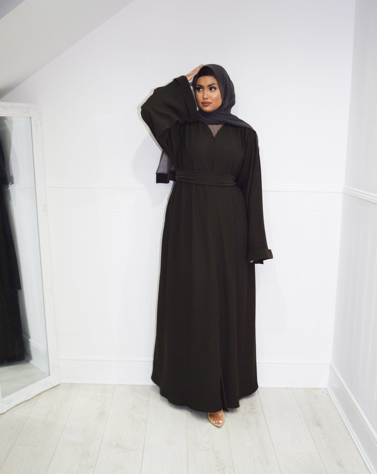 Hannah textured ribbed Open A-line kimono Abaya Jacket with pockets in Espresso