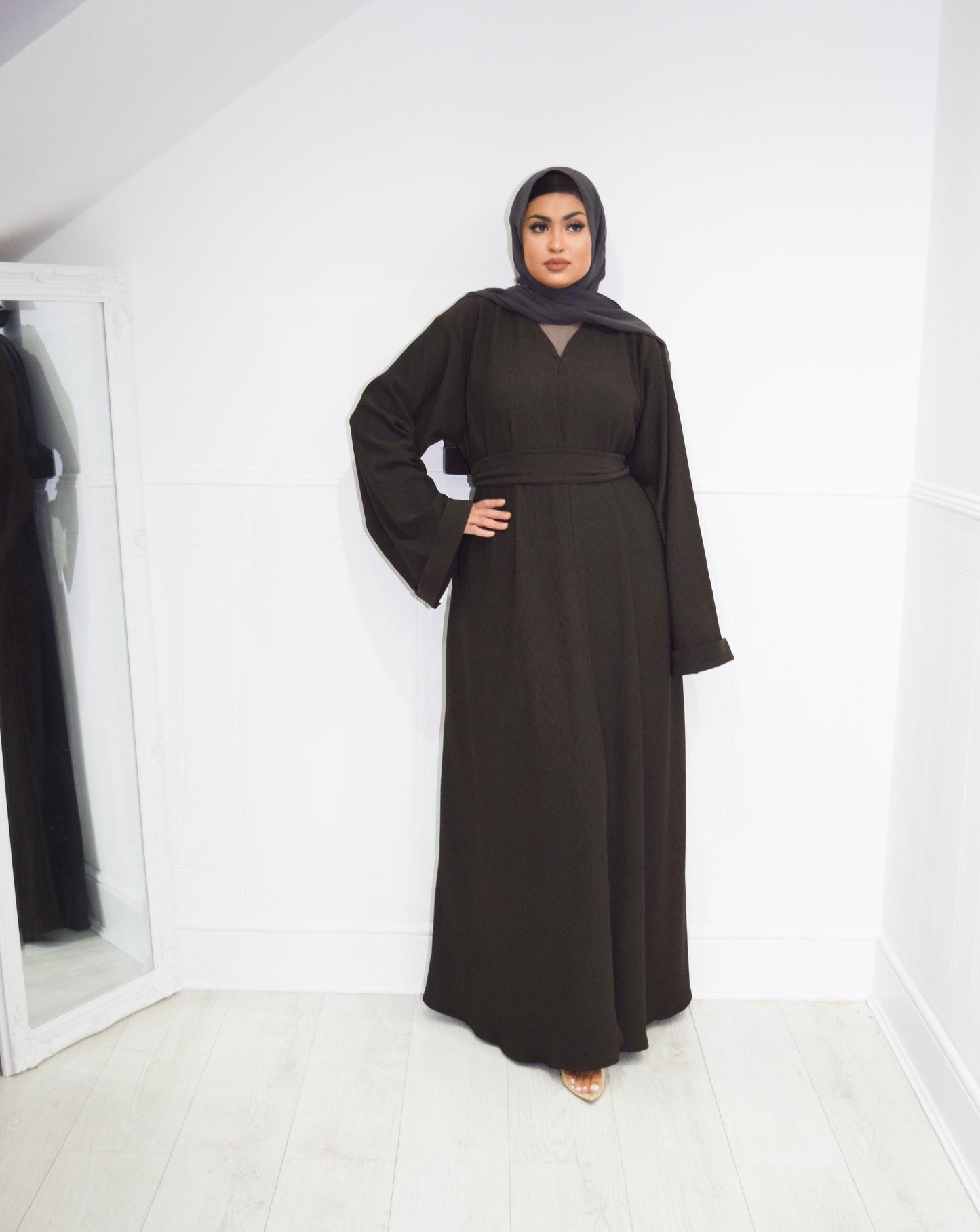Hannah textured ribbed Open A-line kimono Abaya Jacket with pockets in Espresso