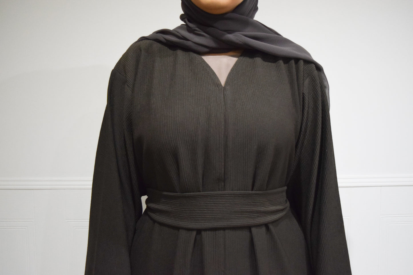 Hannah textured ribbed Open A-line kimono Abaya Jacket with pockets in Espresso