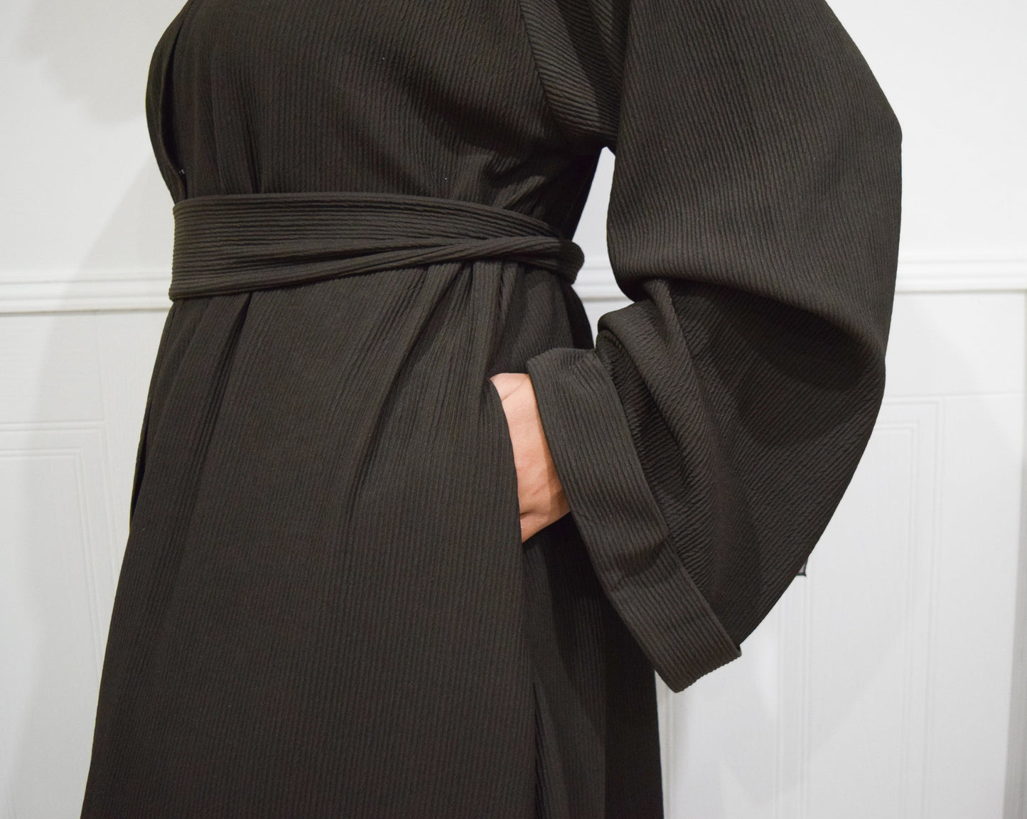 Hannah textured ribbed Open A-line kimono Abaya Jacket with pockets in Espresso