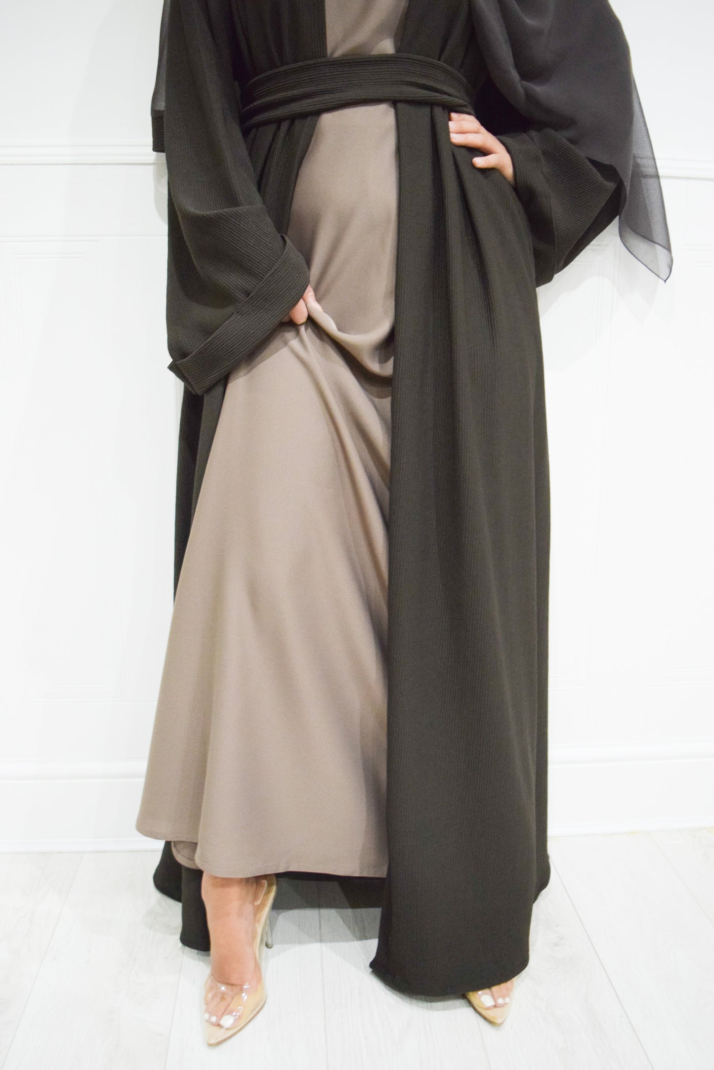 Hannah textured ribbed Open A-line kimono Abaya Jacket with pockets in Espresso