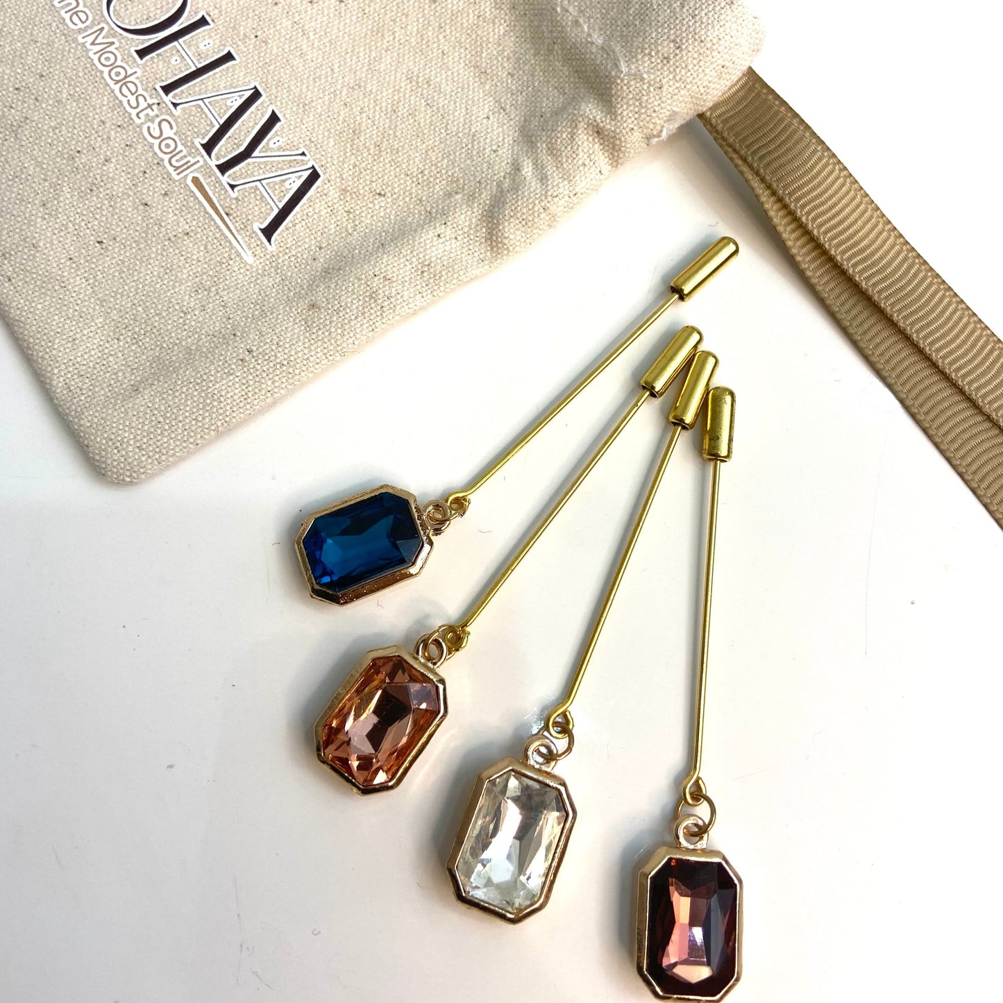 Hijab Pin Gold Diamante princess cut dangle.