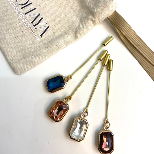 Hijab Pin Gold Diamante princess cut dangle.