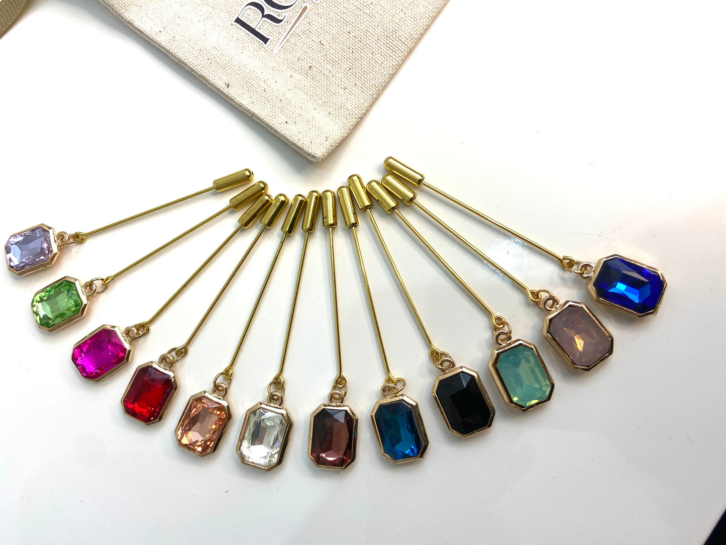 Hijab Pin Gold Diamante princess cut dangle.