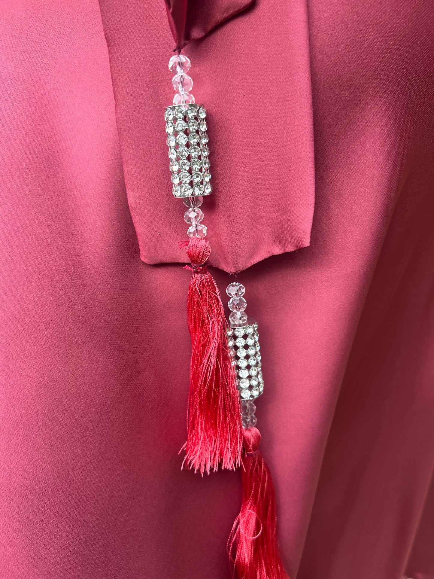 Maariah Asymmetric Satin Abaya in Rose Blush with diamante tassel embellishments